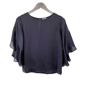 Vince Camuto Navy Textured Silky Flutter Sleeve Blouse